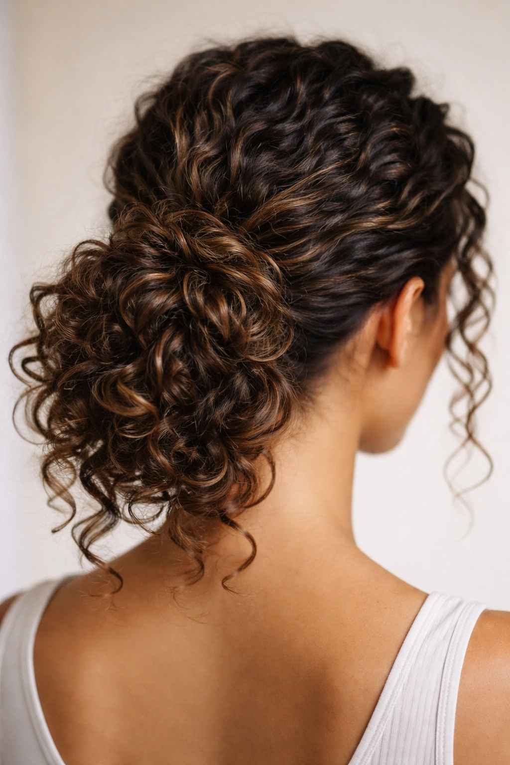 Close-up of a curly bun at the crown highlighting coil texture