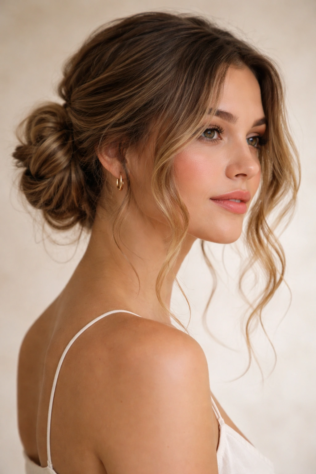 Low coiled bun with face-framing strands around the face