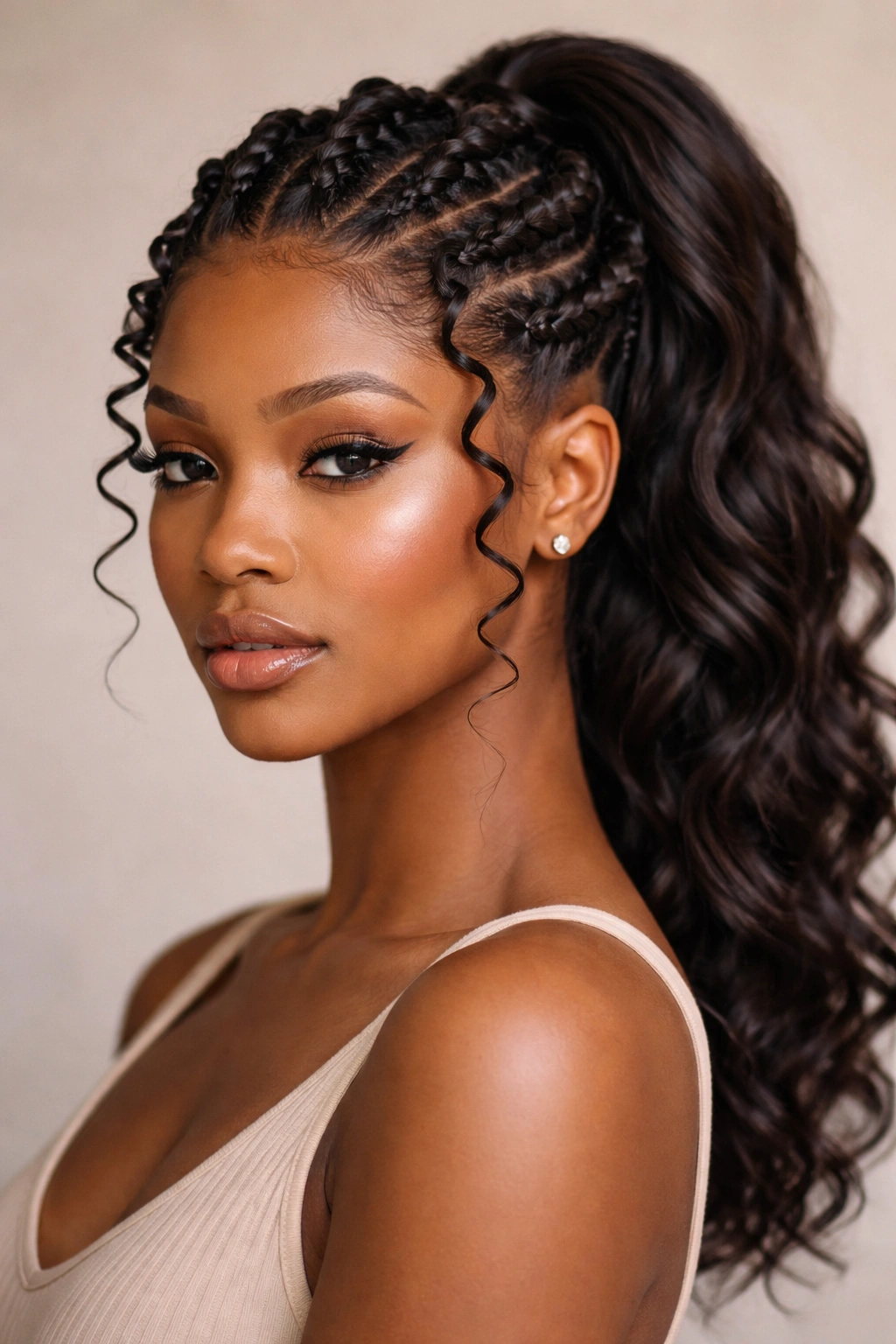 Portrait of a Black woman with a coiled crown and ponytail