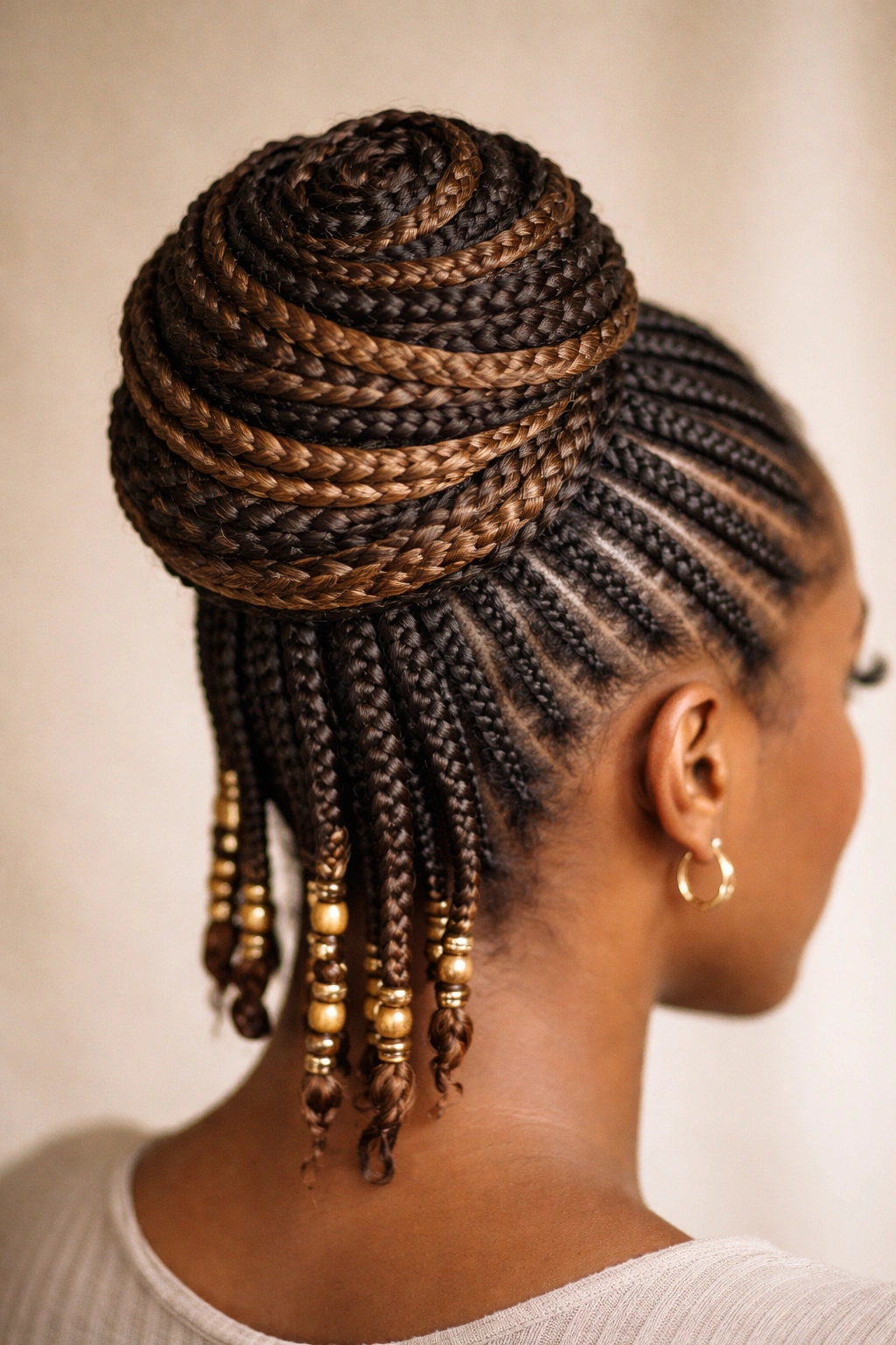 Rope-coiled cornrow bun with stacked circular coils