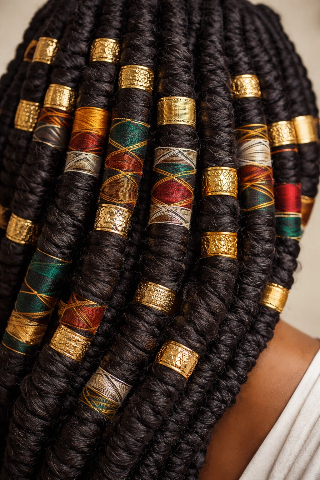 Close-up of cylindrical coils wrapped in thread with gold cuffs on long hair