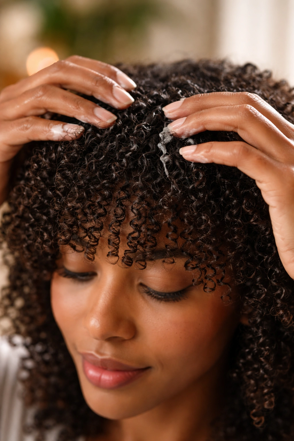 Hands moisturizing coily bangs to show care and moisture