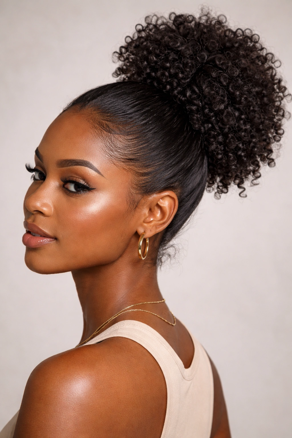 Close-up of a coily bun ponytail with defined 4C curls.