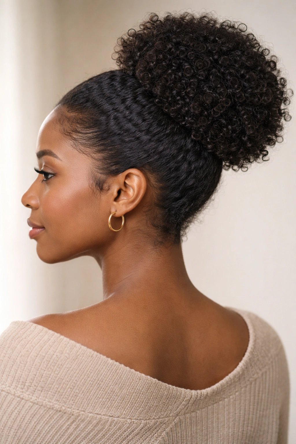 Coily hair styled into a bun or puff updo