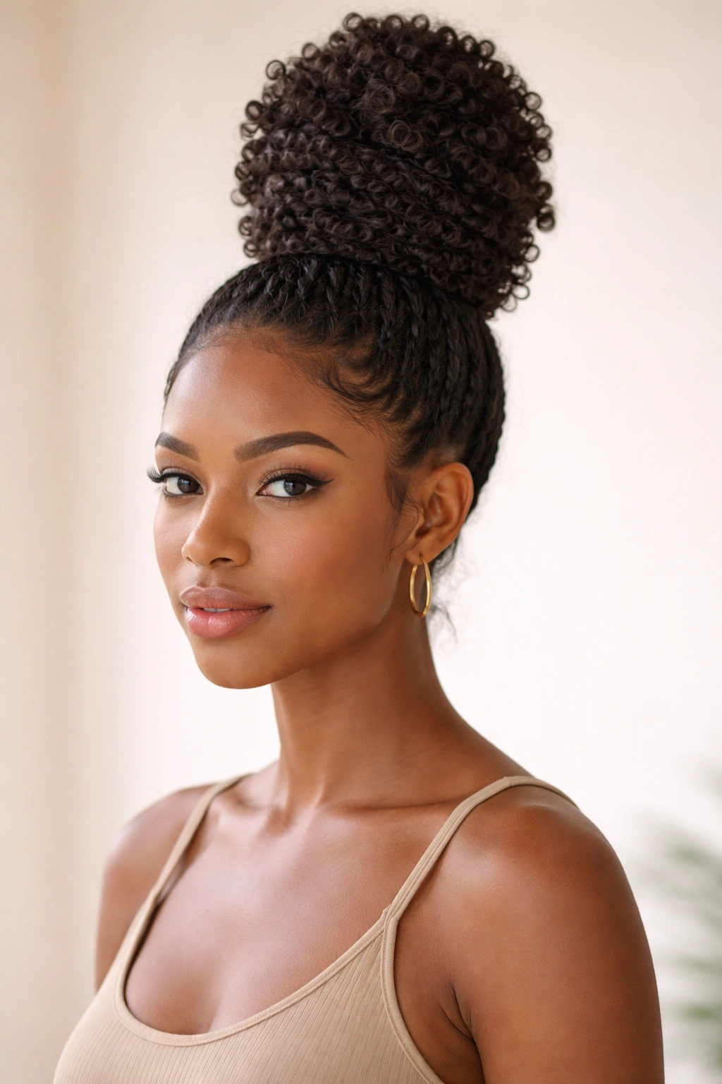 Tall stacked coily bun at crown with multiple coil layers