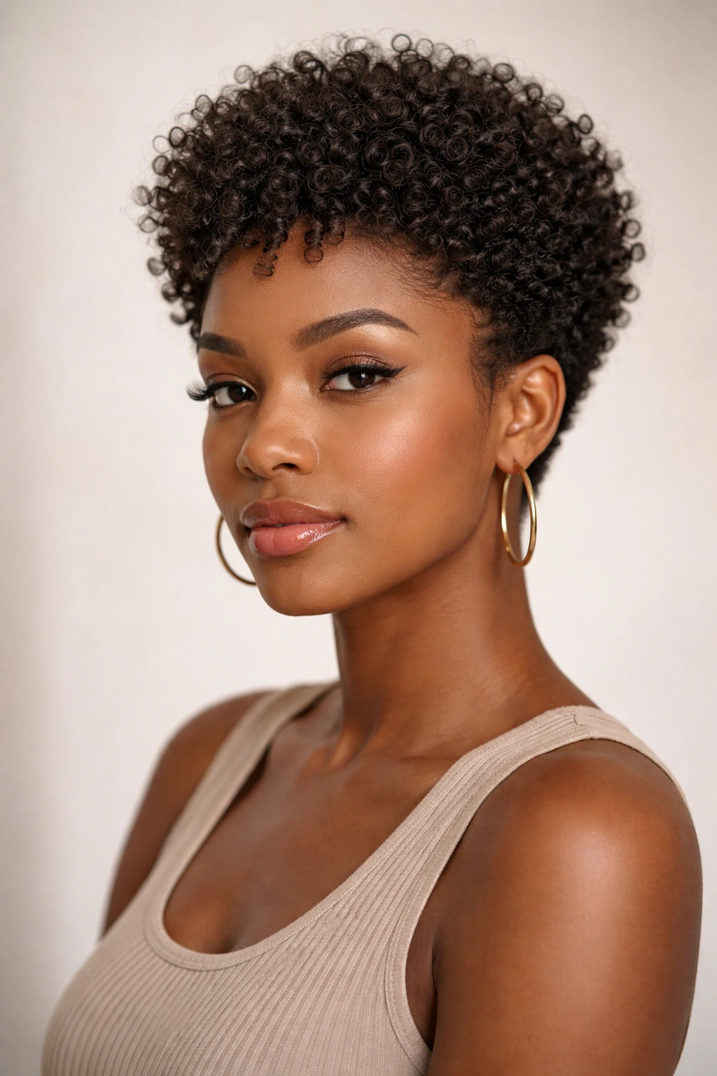 Person with a cropped coily cut and rounded volume on top