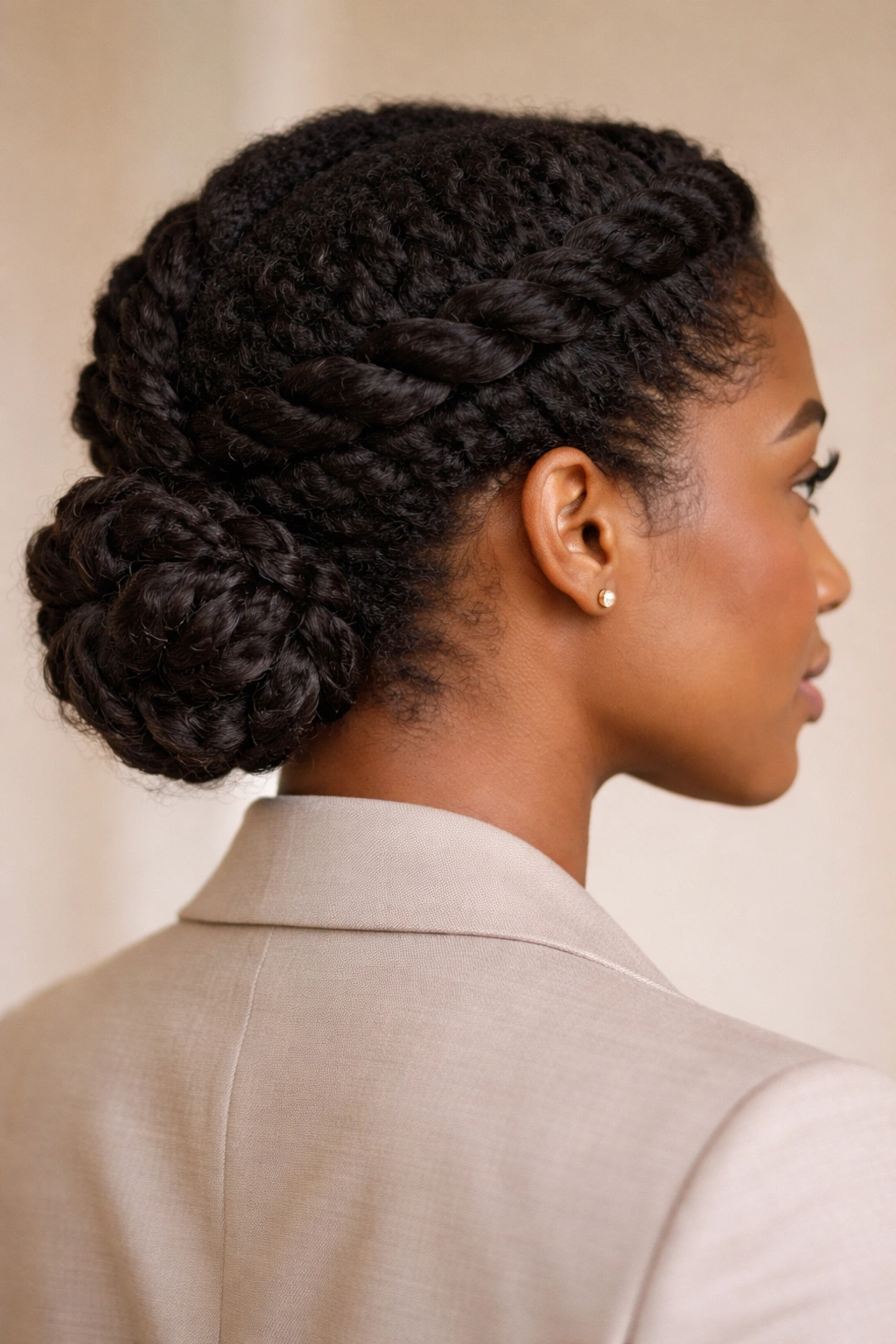 Twisted crown bun on coily hair with crown twists