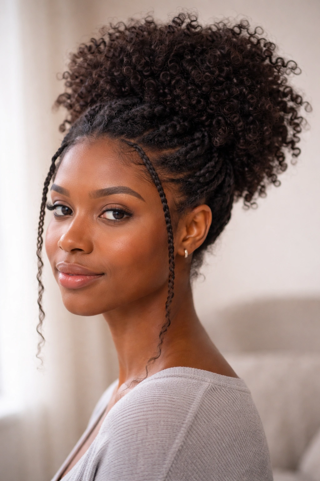 Close-up of gathered crown puff with twisted temples showing textured coils