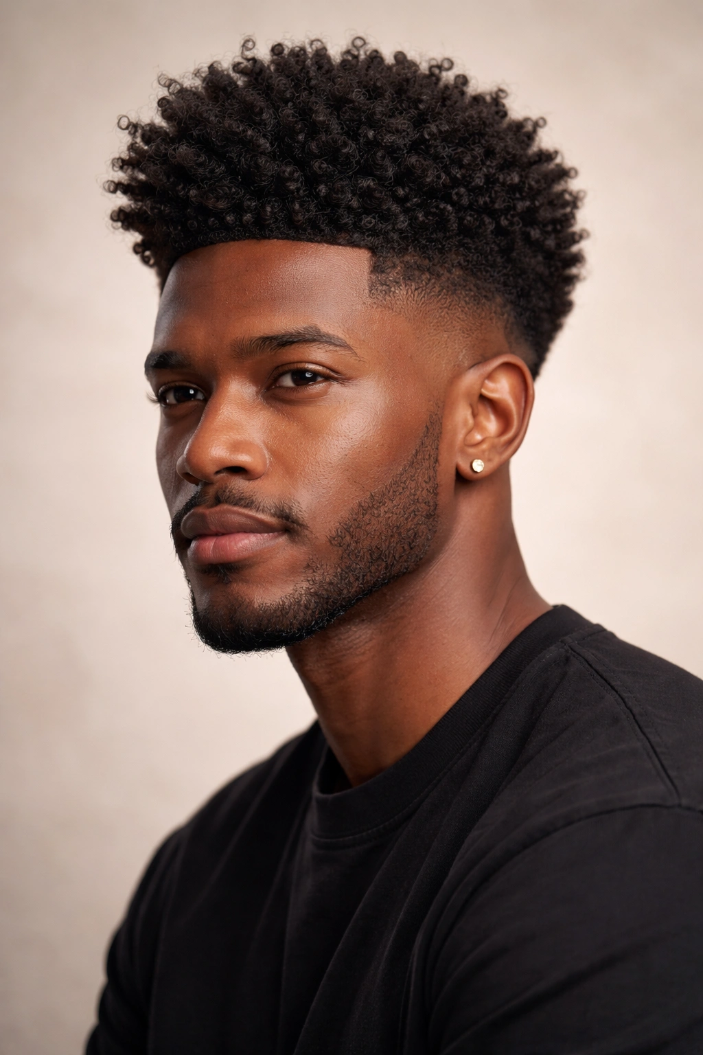 Portrait of a person with a fade on the sides and voluminous coils on top