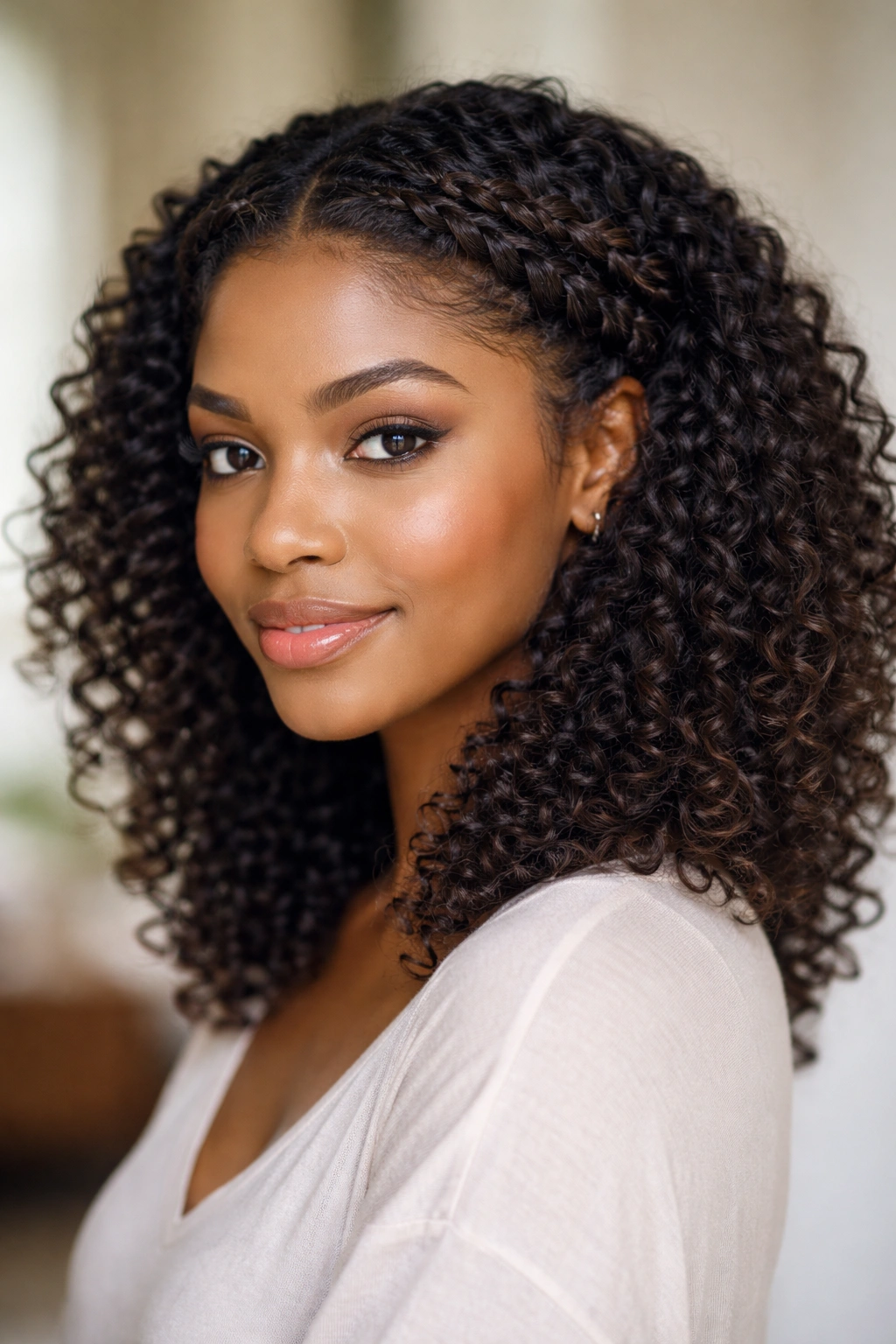 Close-up of a medium-length coily hairstyle featuring a braided crown and loose coils framing the face