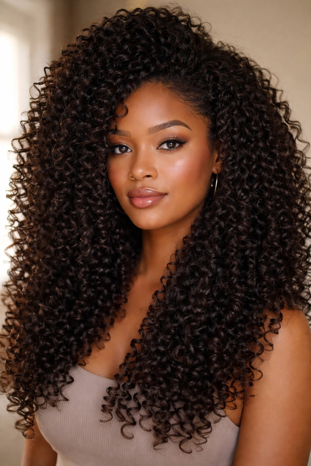 Close-up portrait of long defined coily curls with a voluminous crown