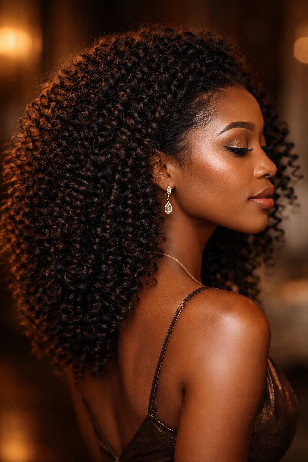 Close-up of glossy coily hair catching warm light for date night