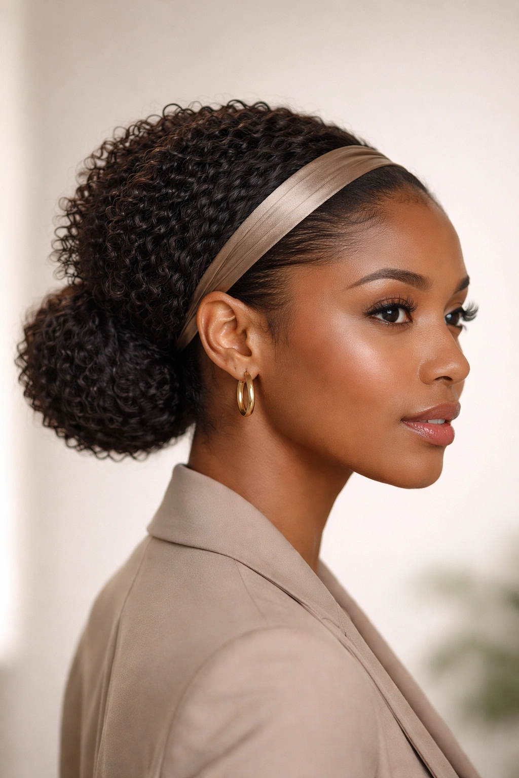 Close-up of defined coils with a smooth low bun at the nape