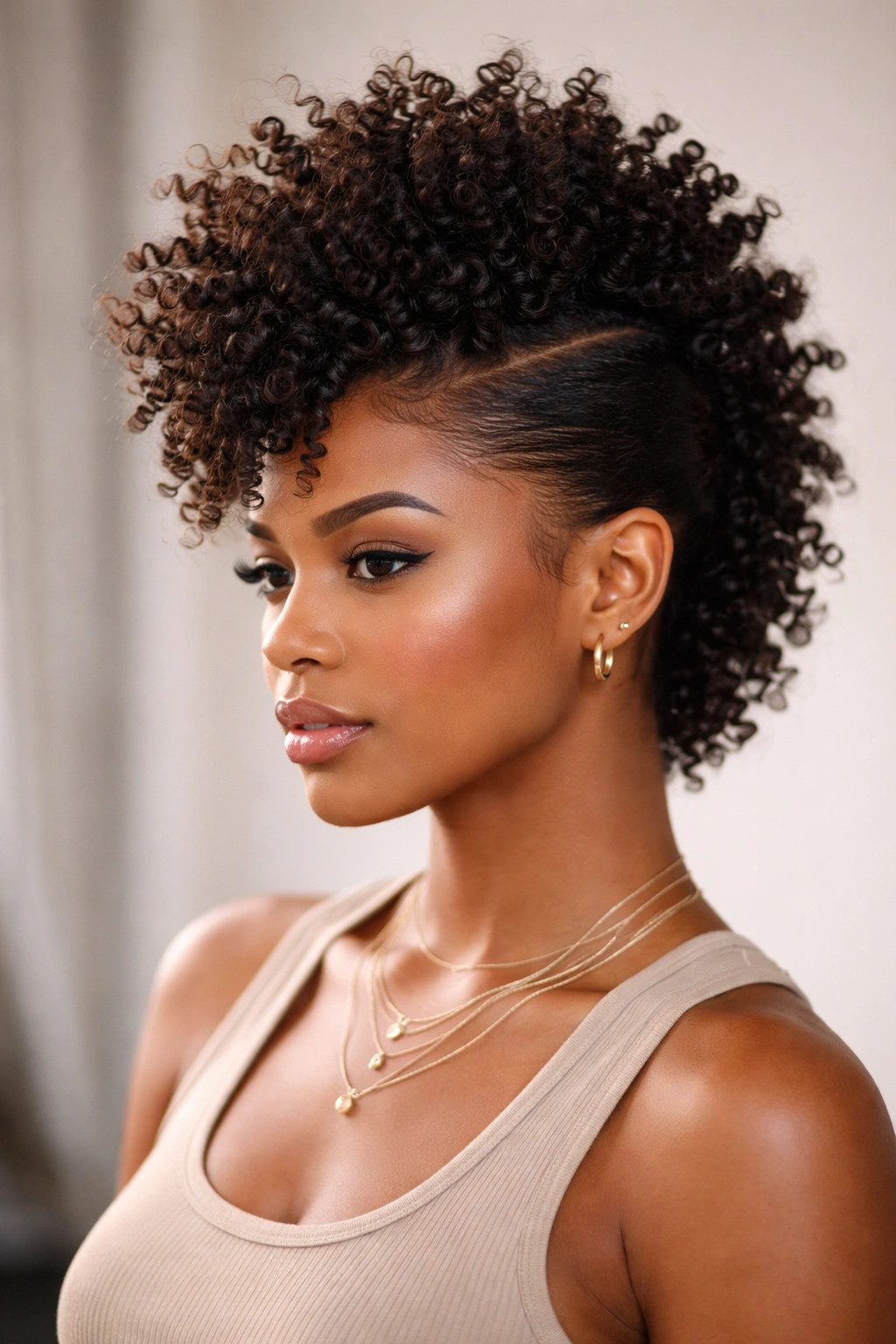 Center-dominant coily faux hawk with smooth sides on medium-length hair