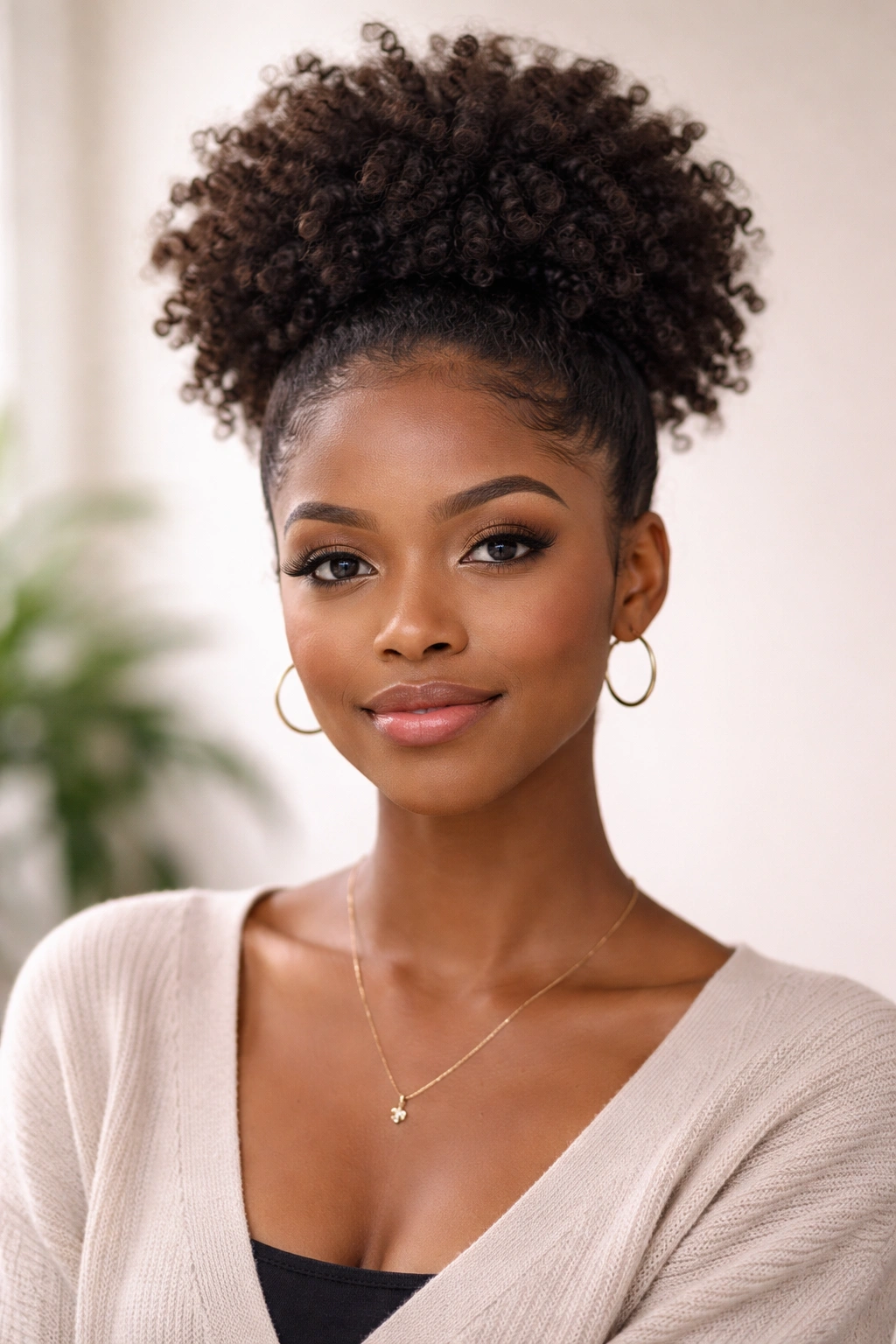 Close-up of a person with a high puff of coily hair at the crown