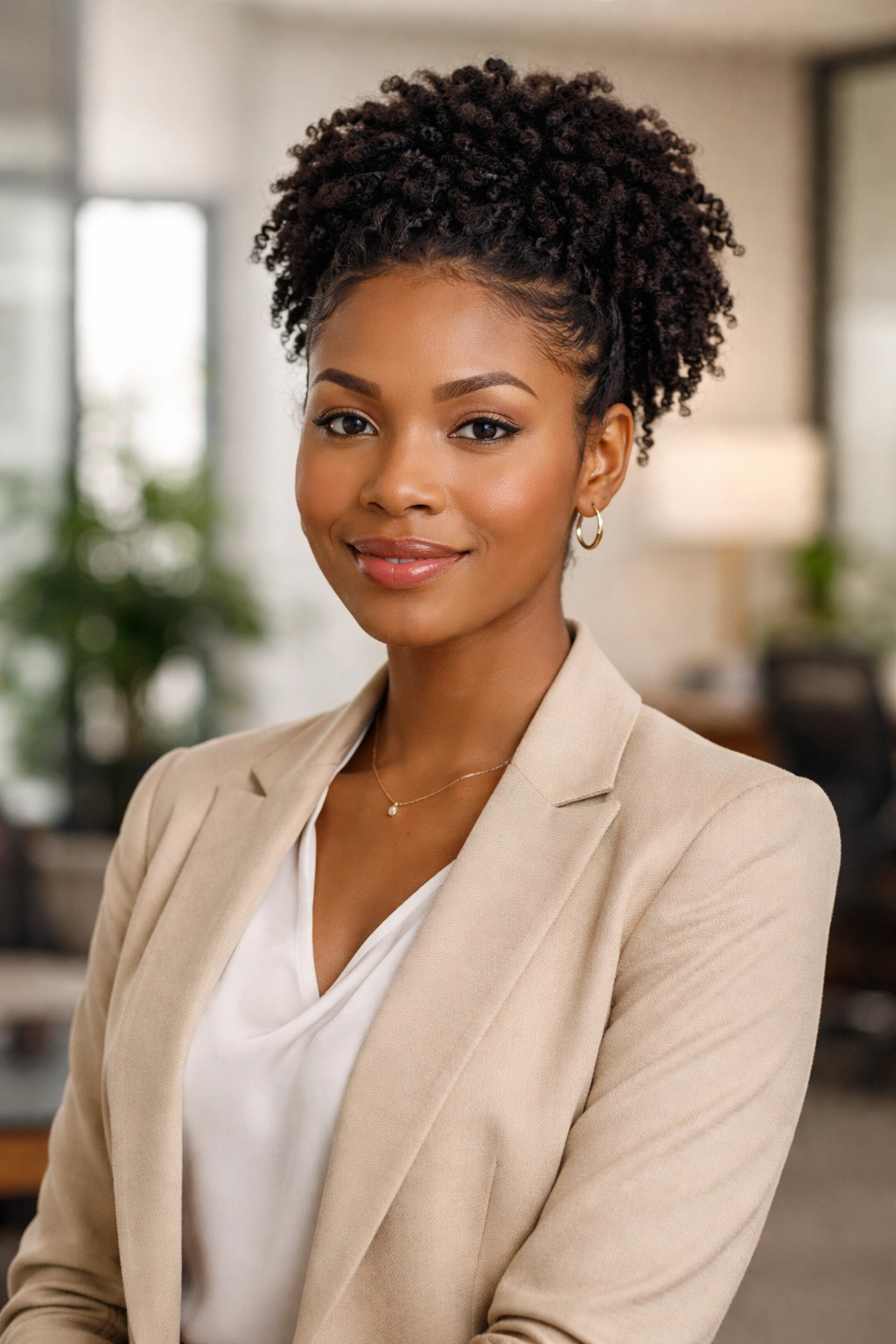 Portrait of a confident coily-haired professional in an office setting with defined curls