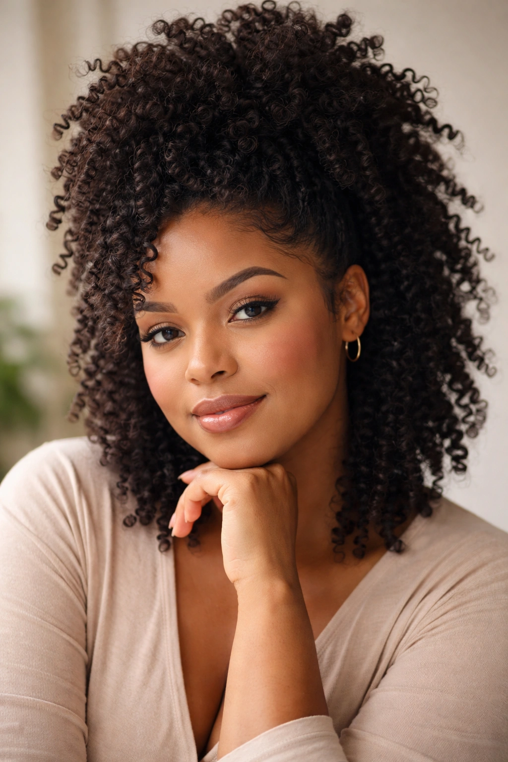 Thoughtful portrait of coily hair on round face with crown volume