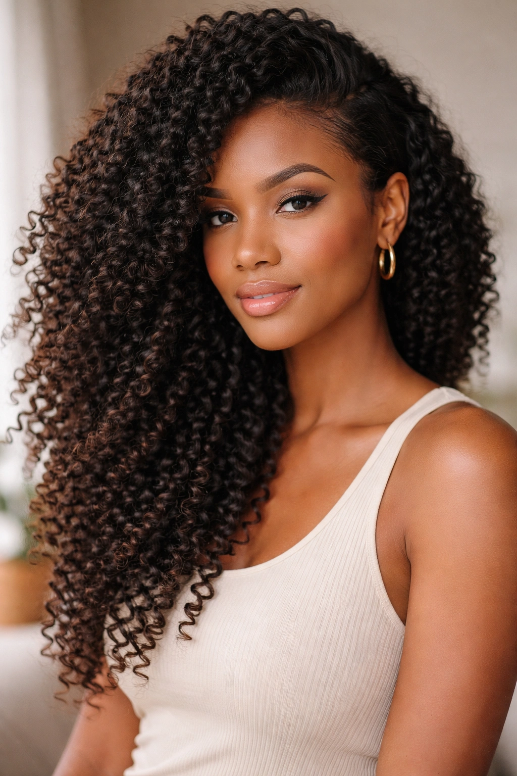 Coils cascade to the side with deep part and shoulder-length flow