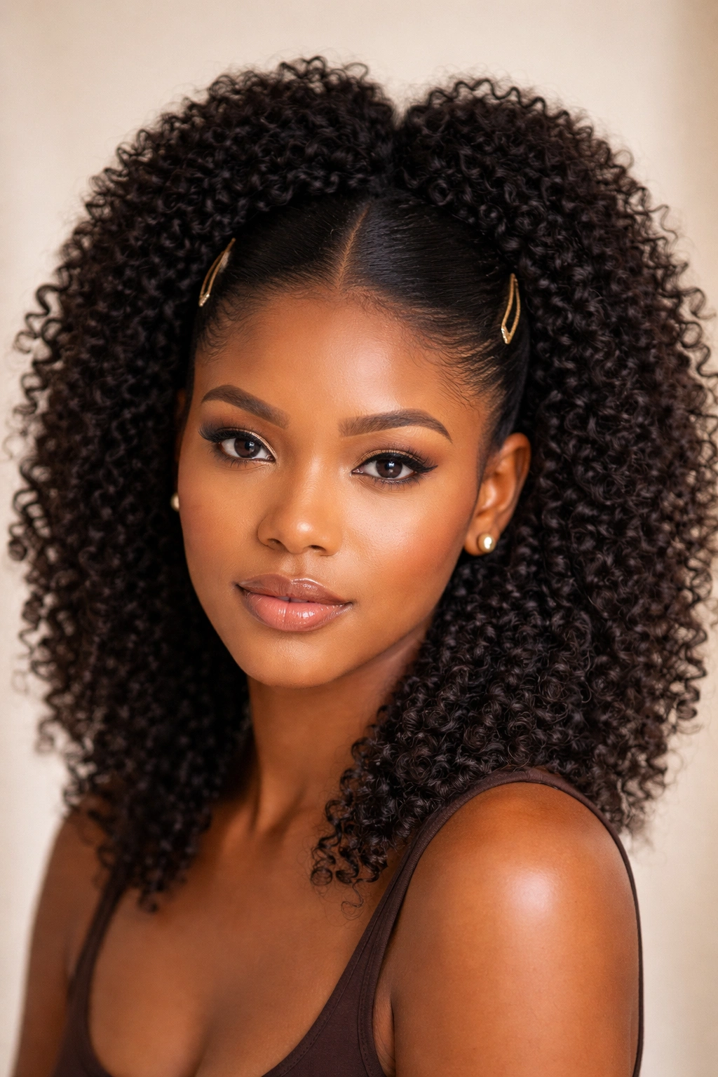 Close-up of coily hair with sleek side sections and a full central volume