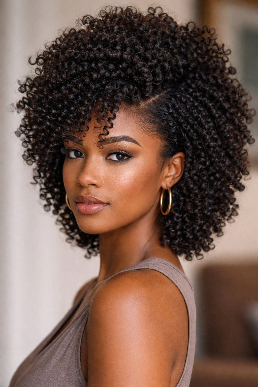 Medium-length coily hair with stacked crown layers and sculpted volume