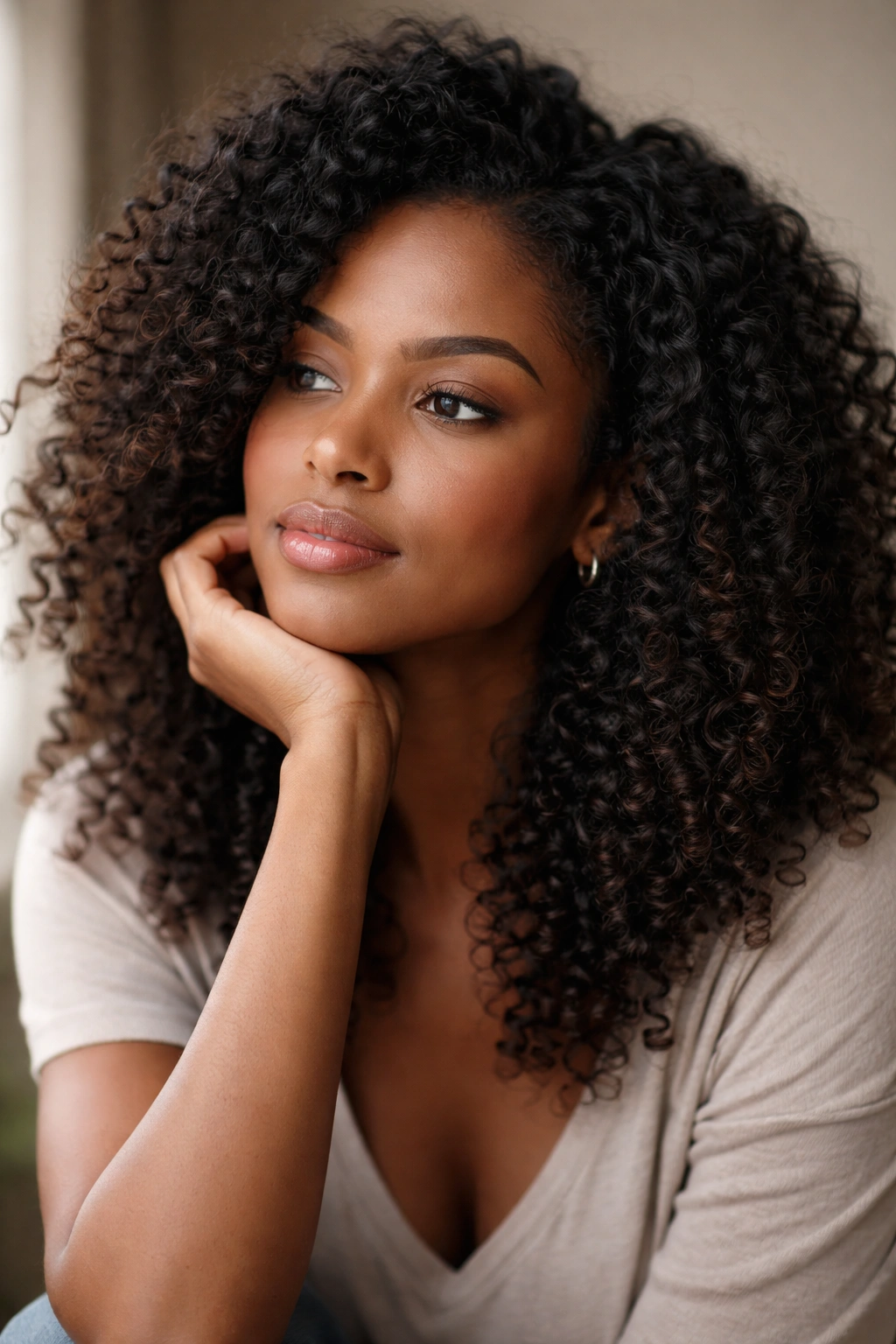 Contemplative portrait of coily hair with natural texture