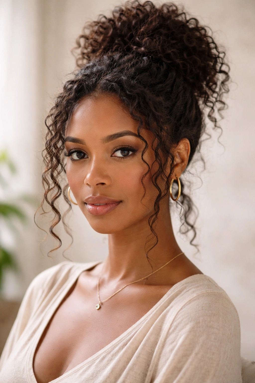 Textured coily bun with face-framing tendrils on medium-length hair
