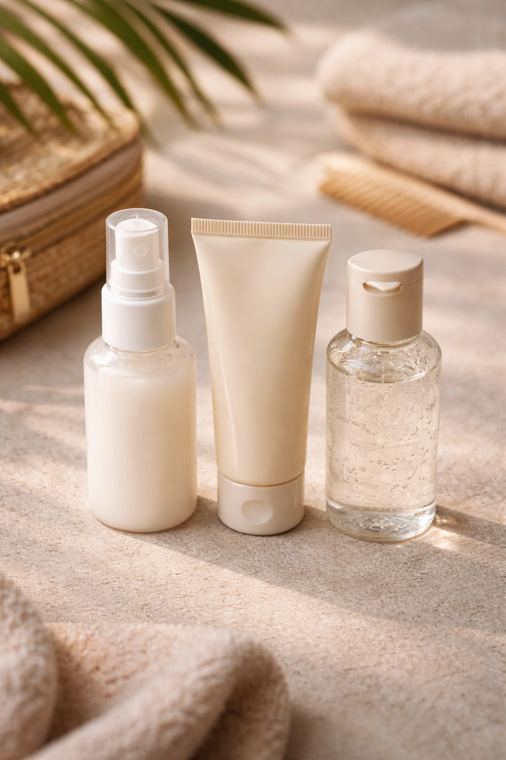 Flat lay of travel-sized leave-in conditioner, curl cream, and gel