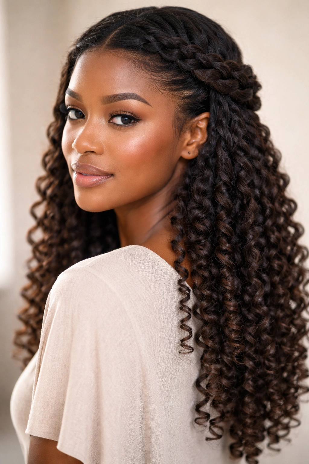 Face-framing twists forming a crown with cascading coils at the back