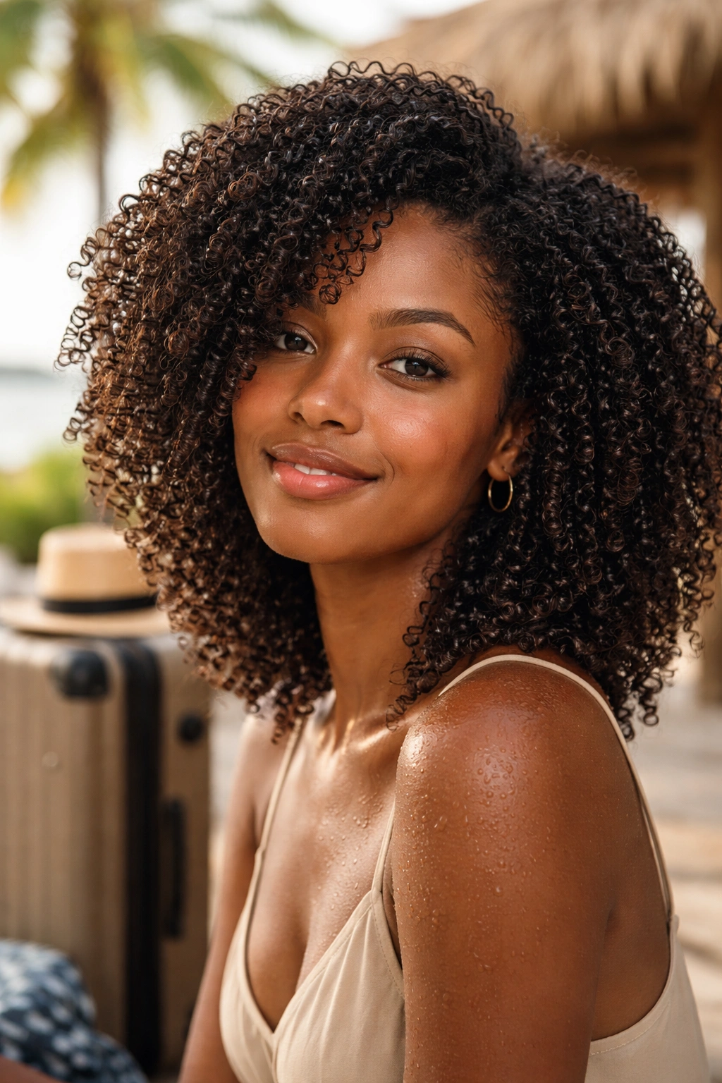 Close-up of glossy coily hair with vacation-ready moisture