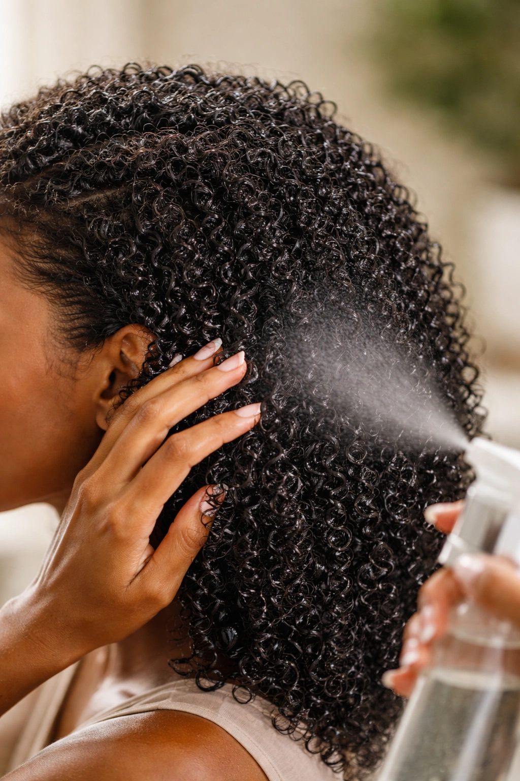 Close-up of moisturized coily hair on wash-day showcasing defined coils