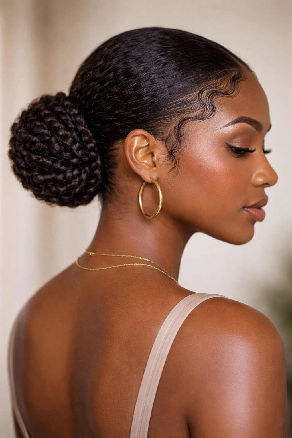 Low coil bun wrapped around ponytail with defined edges