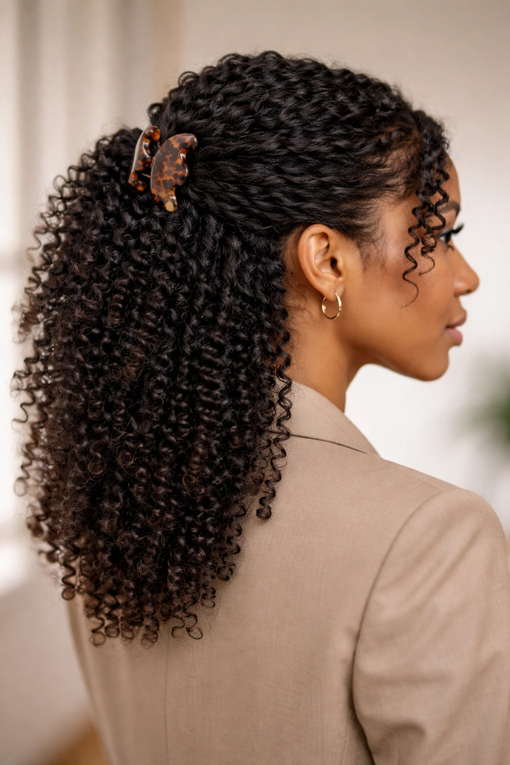 Claw-clipped half-up style with coils flowing below