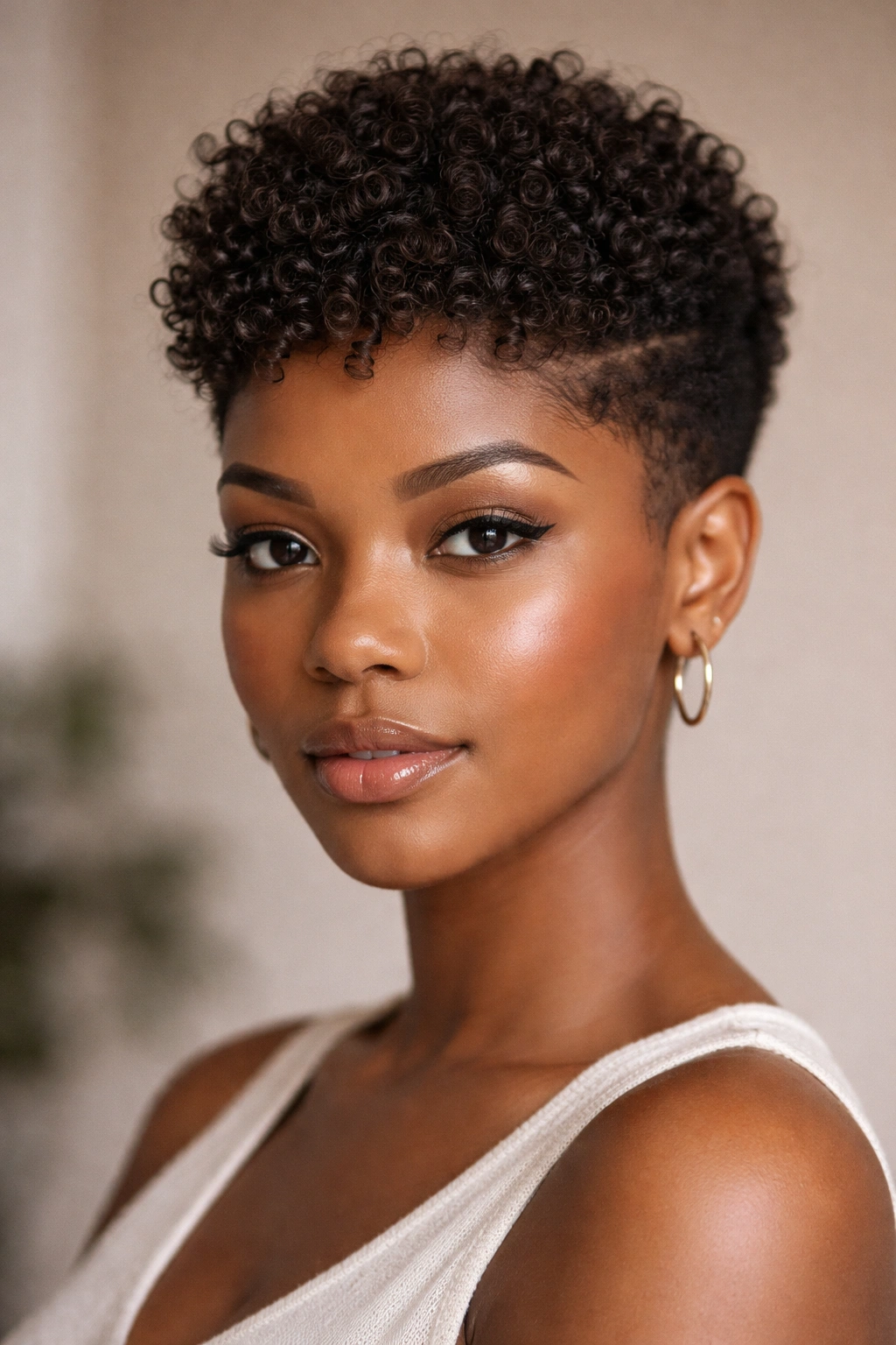 Portrait of a person with a coily pixie cut showing short sides and textured top