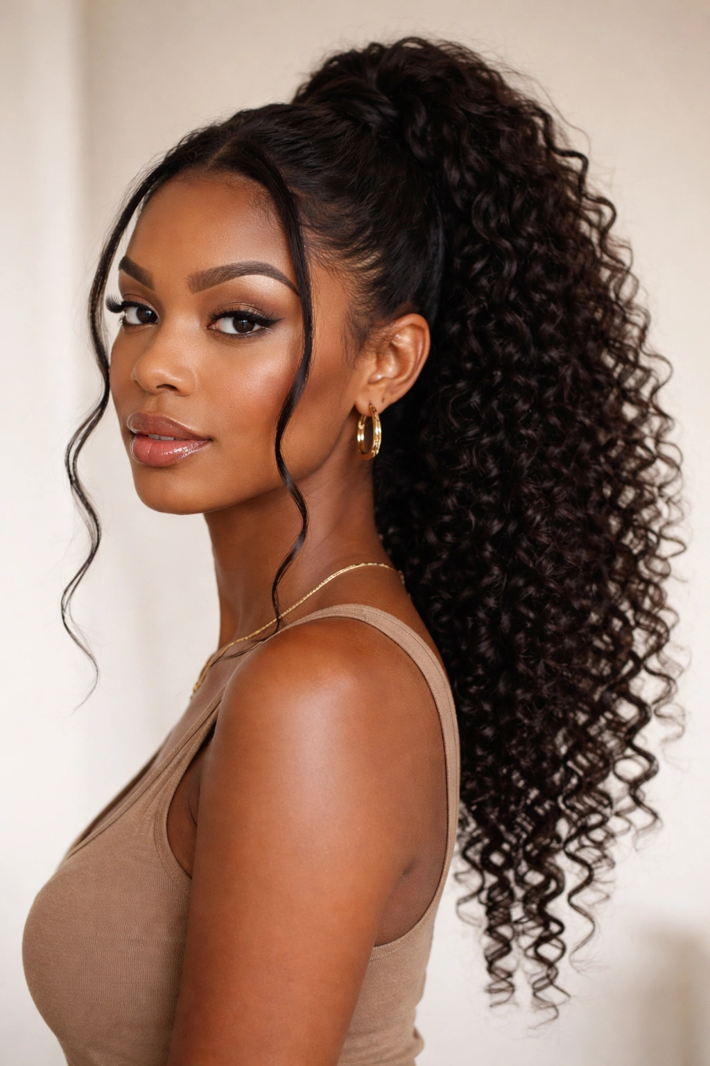 Elongated coily ponytail with face-framing pieces and visible coil texture
