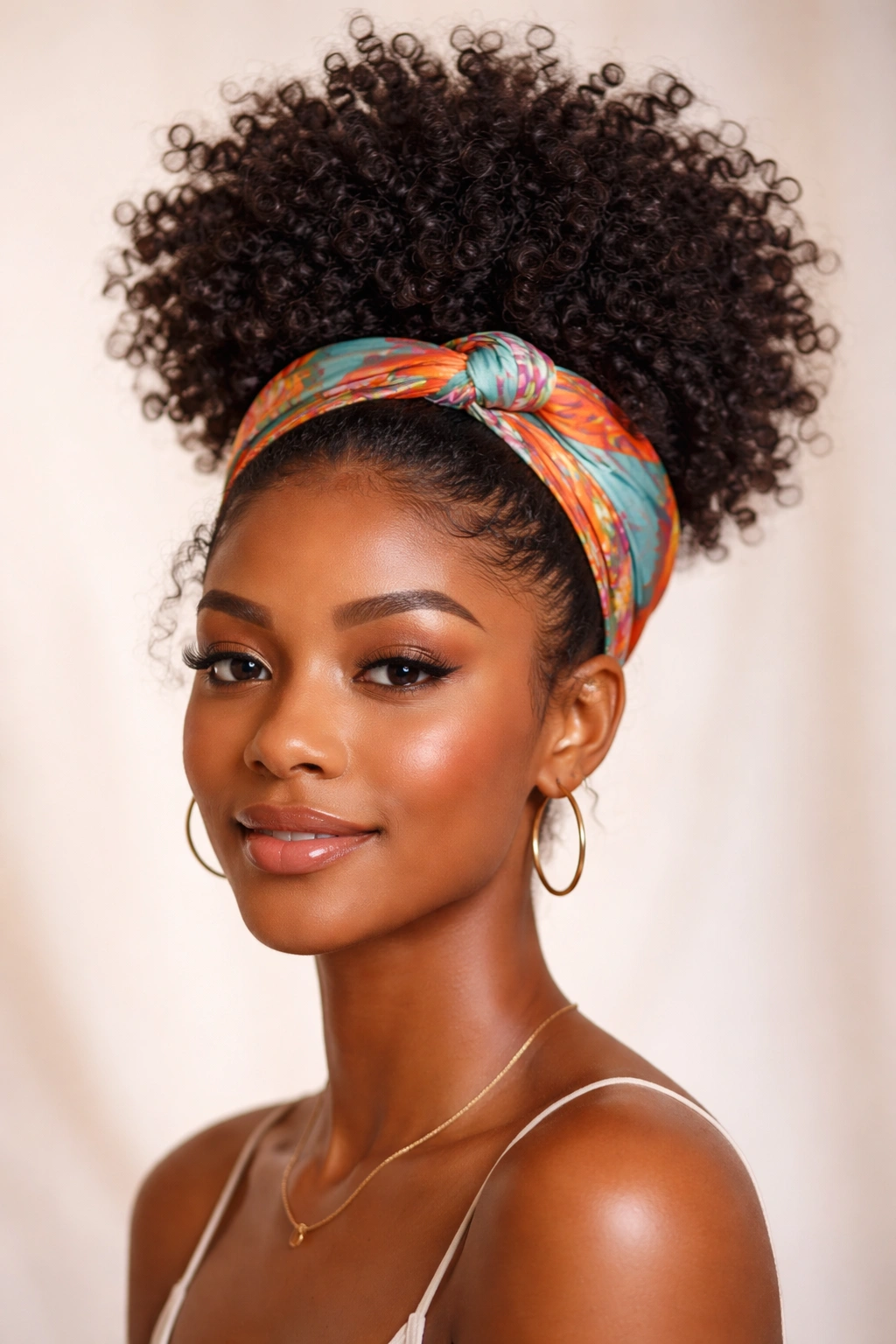 High, voluminous coily puff with wrap detail