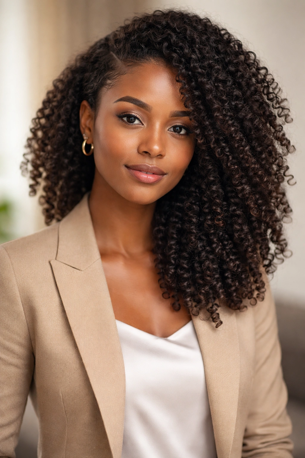 Coils side-swept over one shoulder in an office-ready style