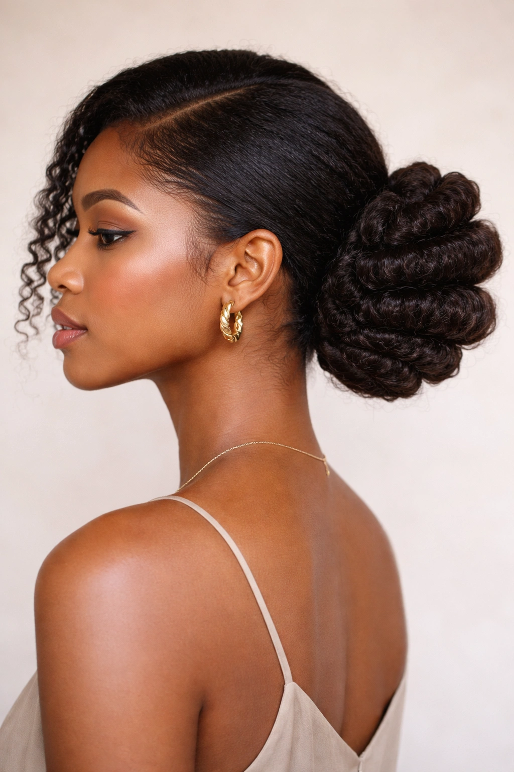Side profile of a sideways coily bun created from stacked curls