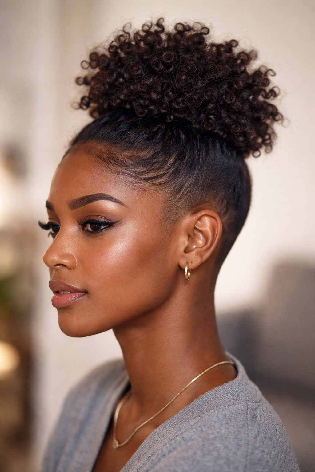 Portrait of a coily top knot with faded sides on crown