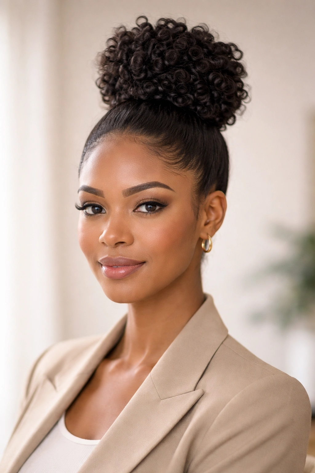 Sleek coil topknot with voluminous coils at the crown
