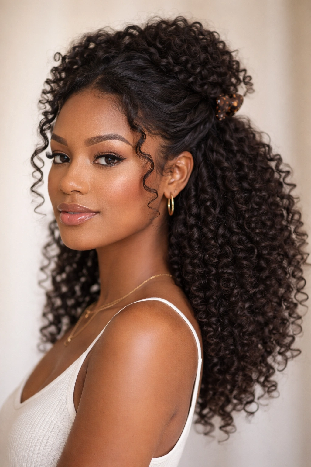 Half-up twisted crown with two loose twists framing the face