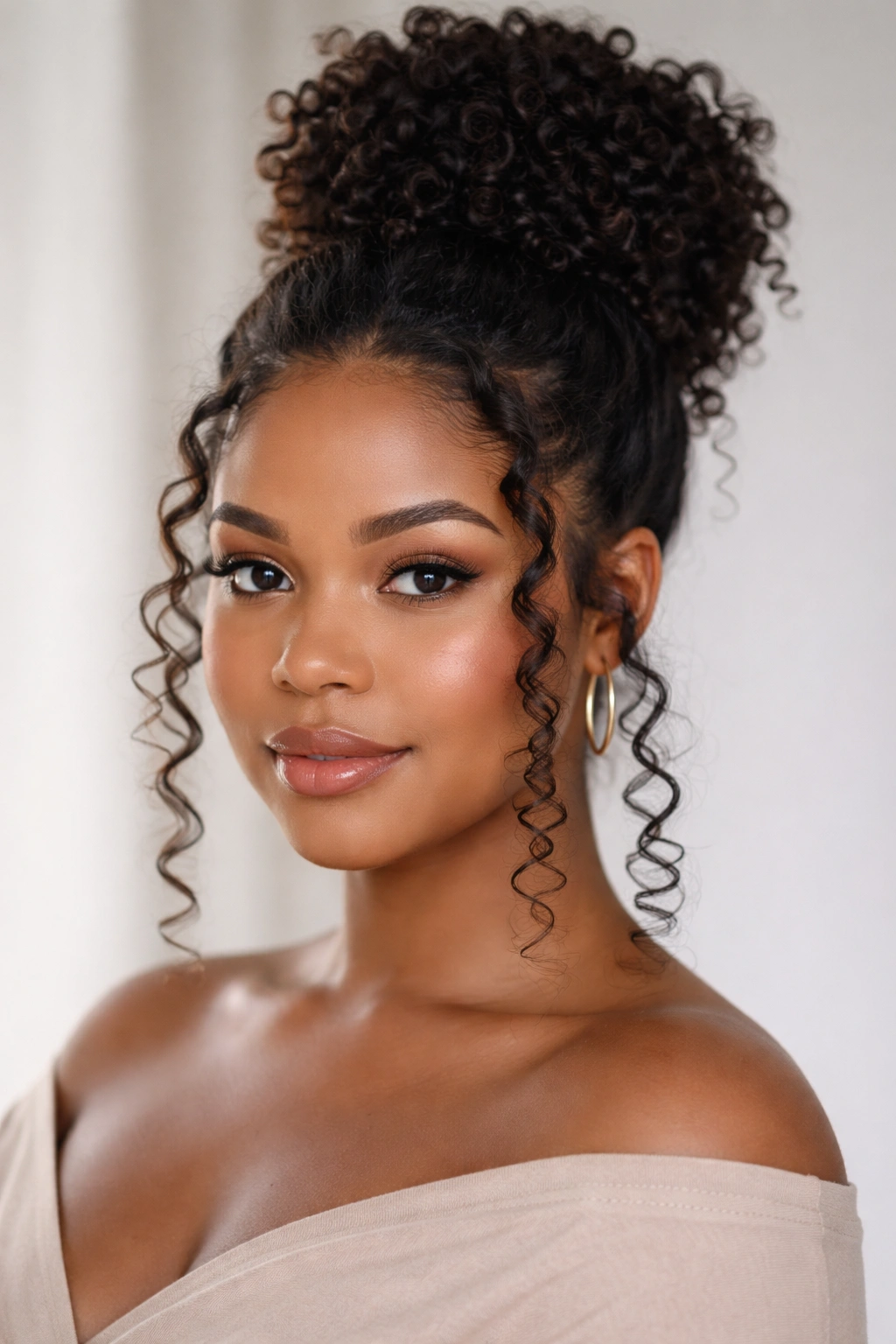 Updo with face-framing coils around temples and jawline