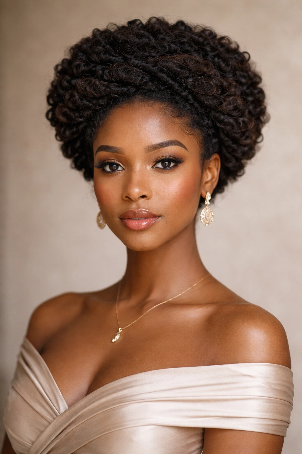 Coils wrapped around the head forming a crown-like halo in a natural updo