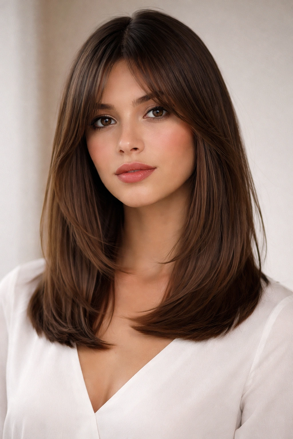 Collarbone-length blunt cut with curtain bangs framing the face