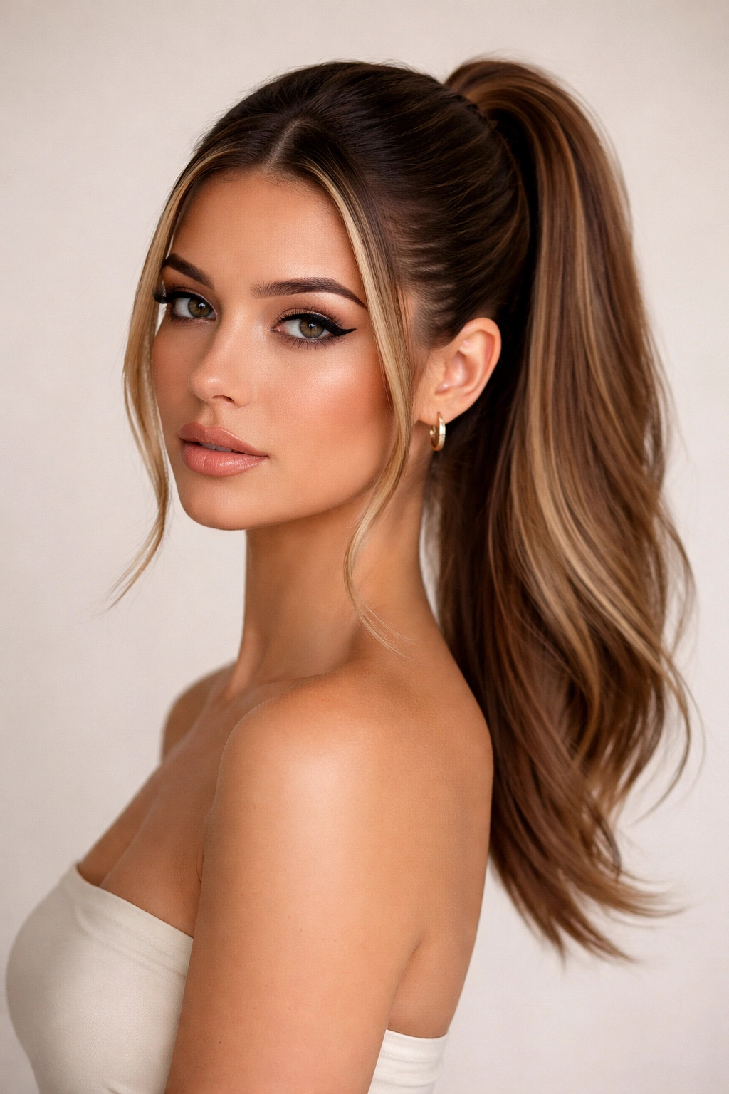 Mid frontal ponytail with subtle color framing highlights and smooth finish