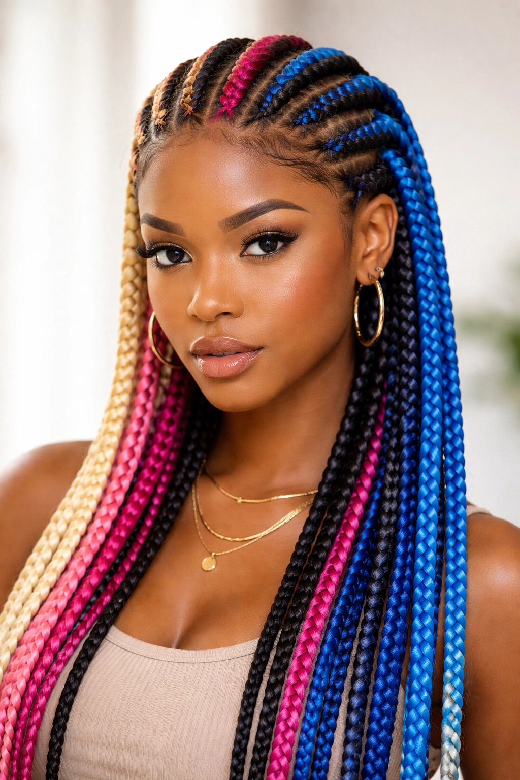 Hair with bold color-blocked sections in straight-back cornrows and box braids
