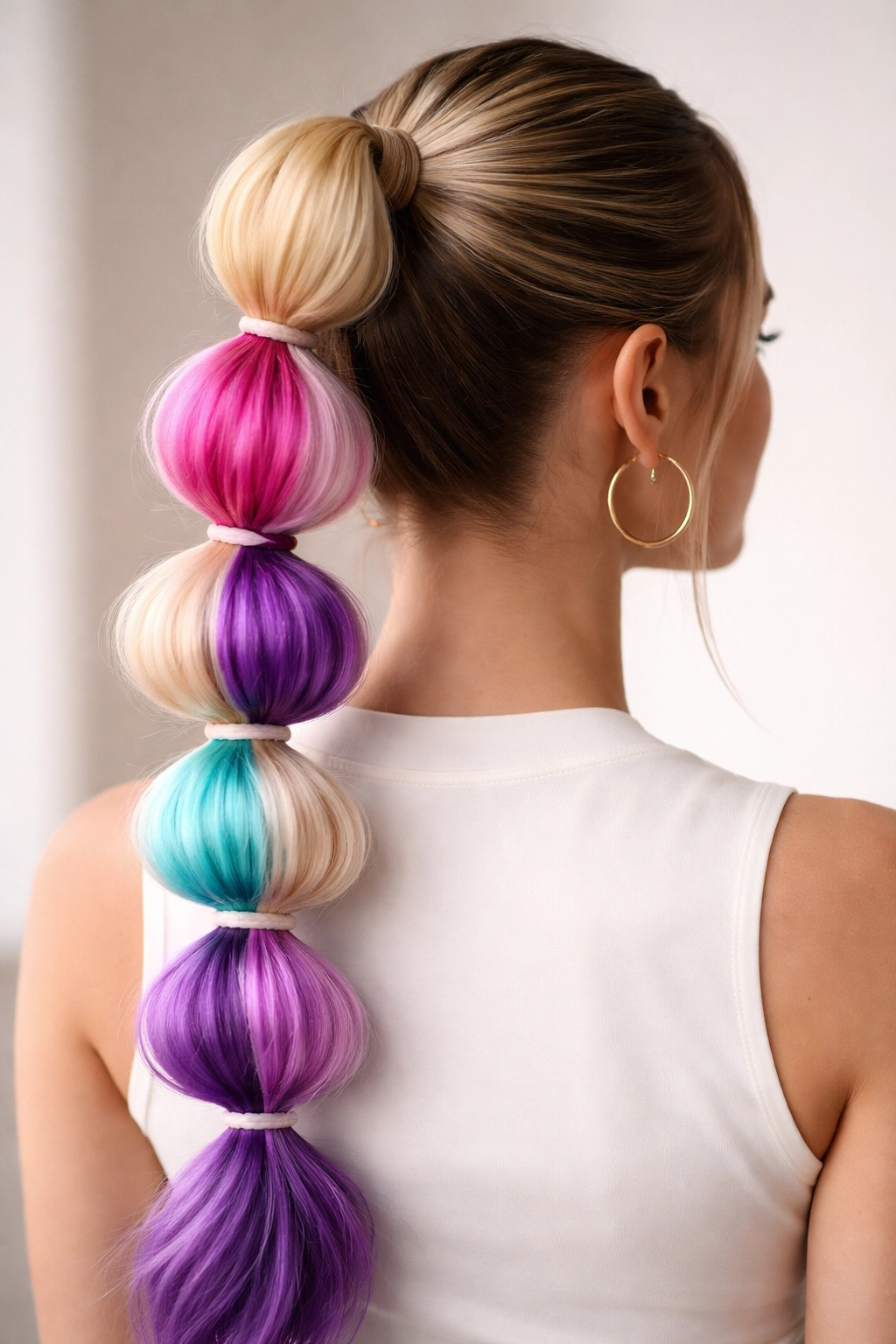 Back view of a color-blocked bubble weave ponytail showing alternating colored bubbles