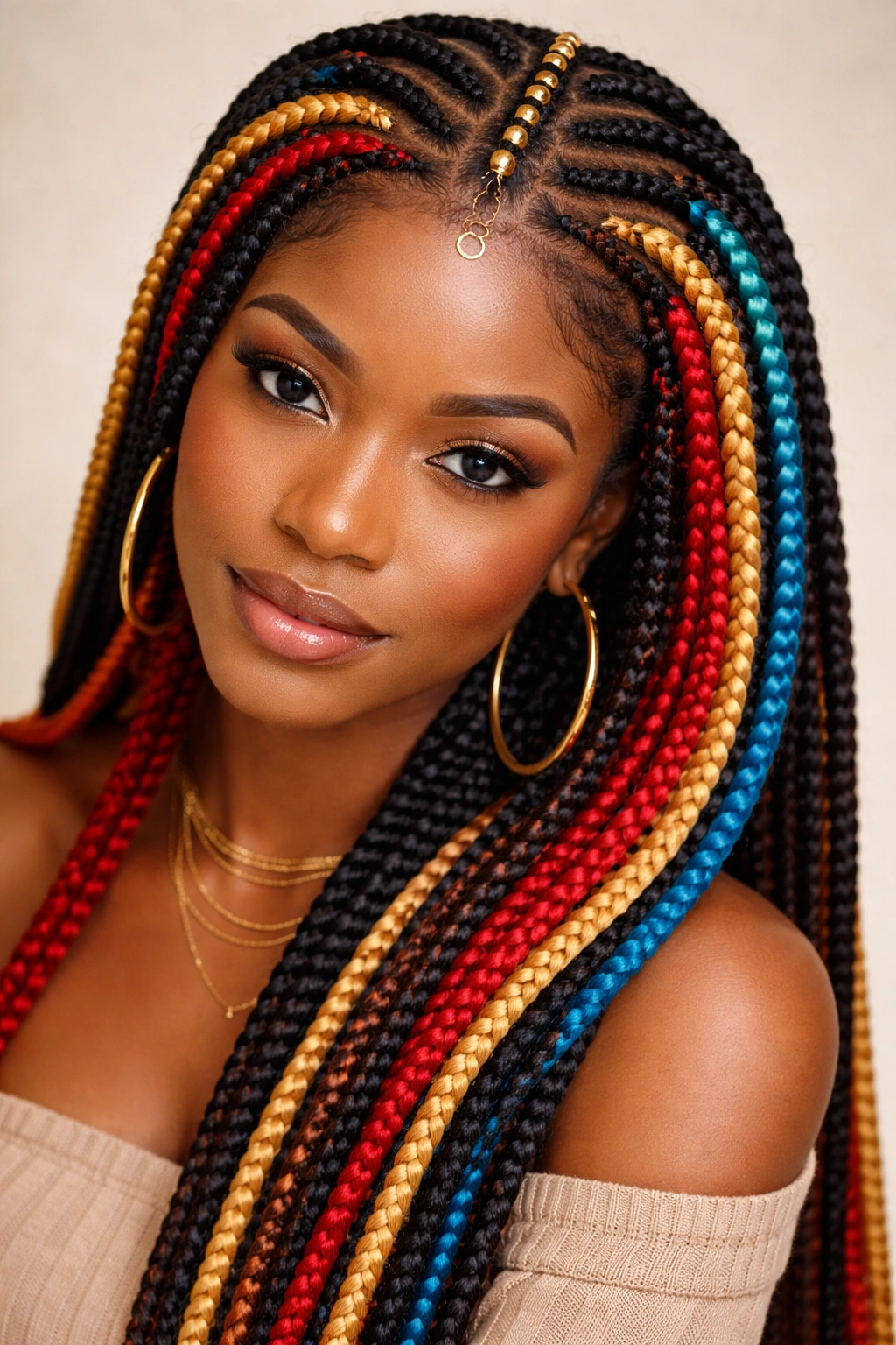 Close-up of color-blocked Fulani braids with bold color sections