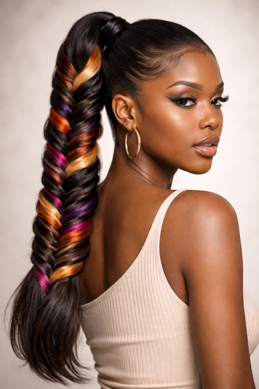 Fishtail ponytail with color-block highlights showing bold color segments in the braid