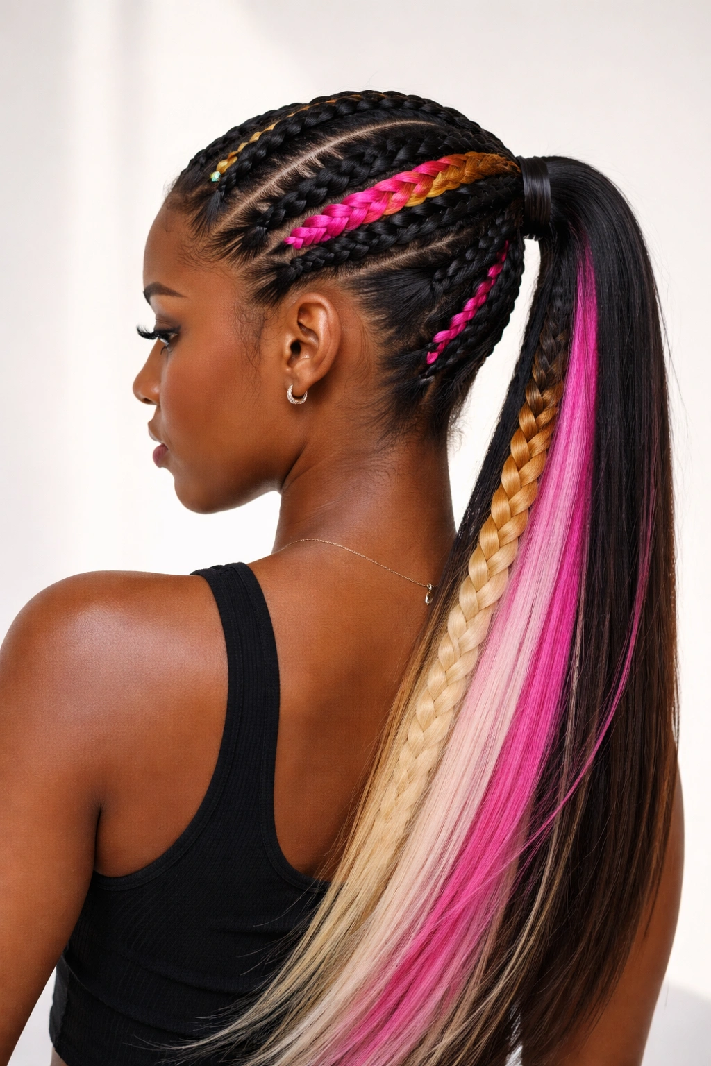 Color-blocked braids feeding into a ponytail with distinct color segments