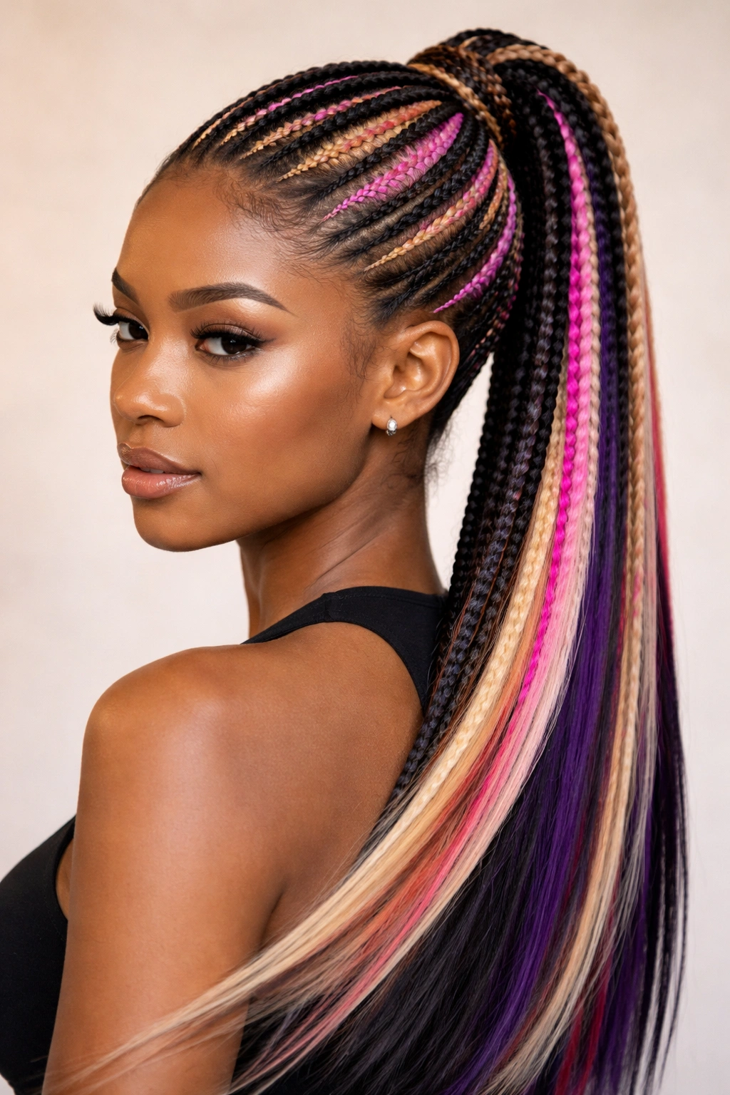 Color-blocked cornrows with highlighted extensions forming a ponytail